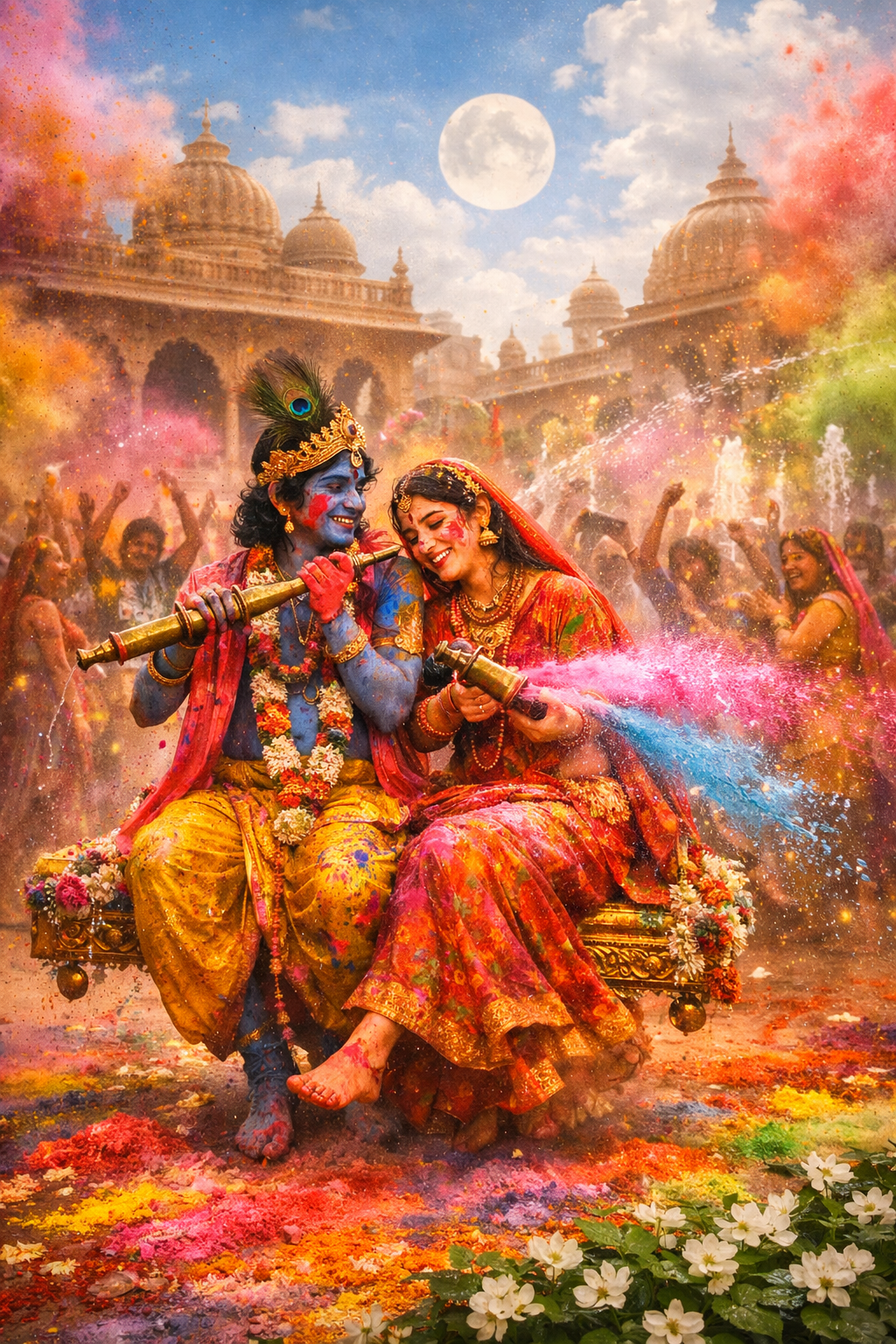 Radha Krishna Holi celebration in Vrindavan temple courtyard with pichkaris colored water crowds